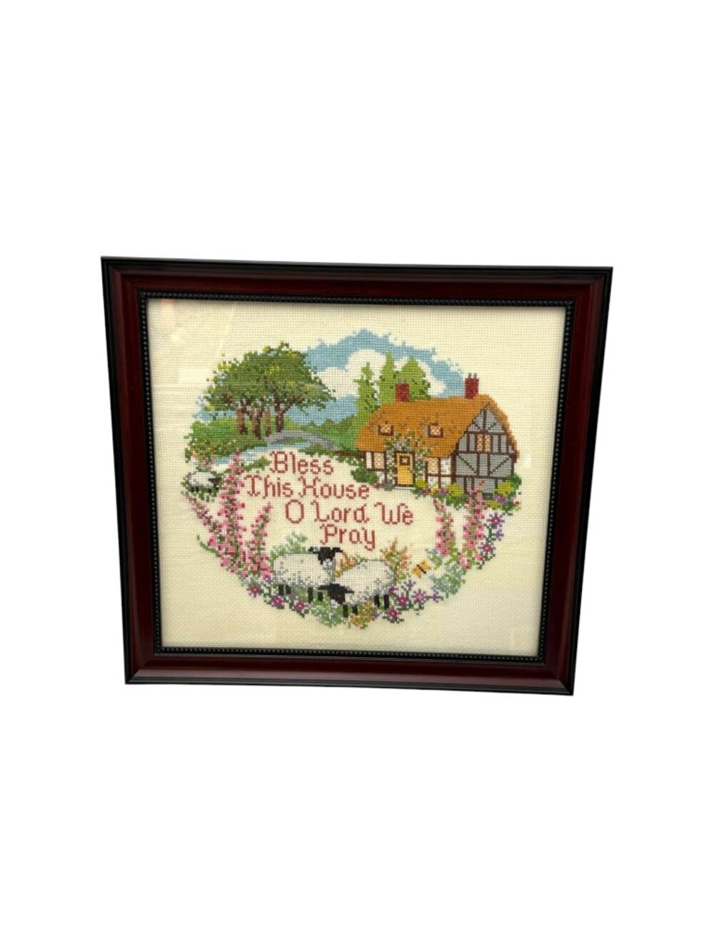 Completed Cross Stitch  Bless This House Framed Cottage Sheep Framed Vintage 80s